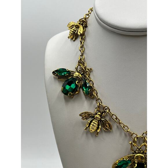 Stainless Steel Gold Plated Green Rhinestone Queen Bumble Bee Statement Necklace - Picture 2 of 12